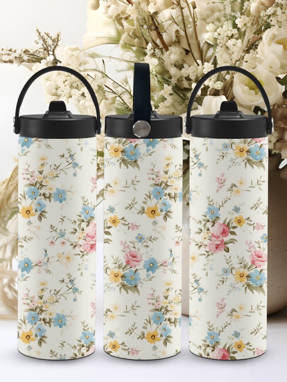 Pretty Flowers Tumbler with Handle Lid, Girls Gift, Floral Mug